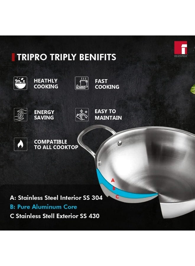 Bergner Tripro 4-Pc Triply Stainless Steel Cookware Set, 24cm (3.1L) Stir Fry Pan with Lid, 22cm Frying Pan, 16cm (1.7L) Saucepan, Less Oil Use Healthy Cooking Set, Even Heating, Induction & Gas Ready - Image 3